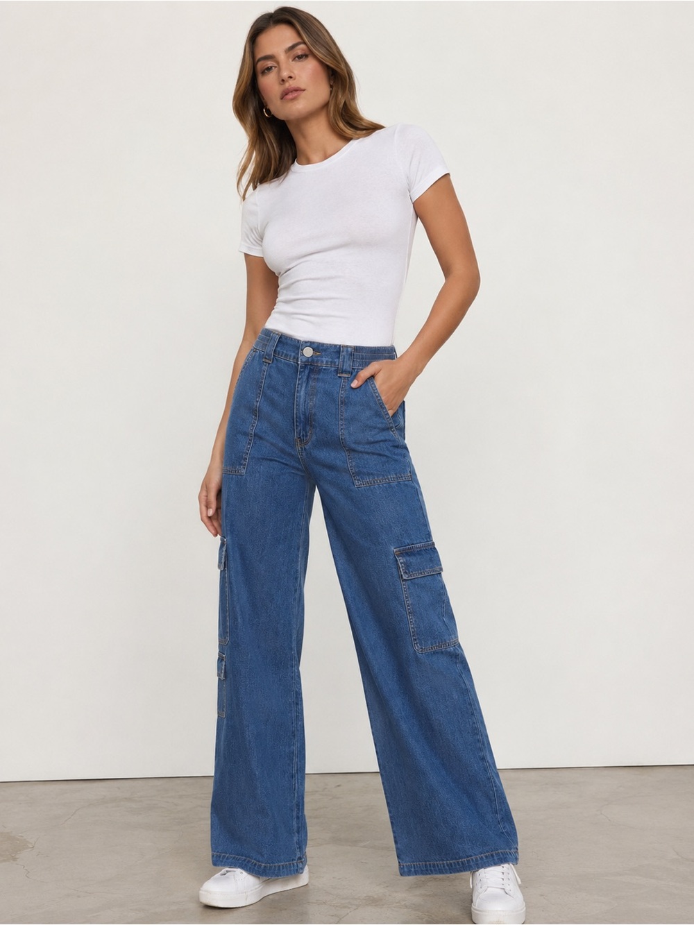 Almost Famous Wide Leg Cargo Pants Size Medium Denim Look 100% Cotton
